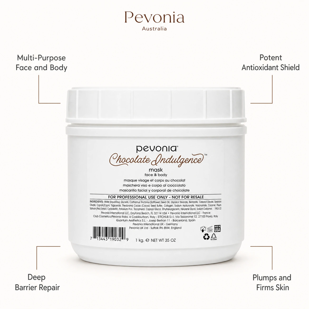 Pevonia Chocolate Indulgence Mask Face & Body 1kg benefit callout image highlighting face and body versatility, antioxidant cacao shield, skin barrier repair, and skin plumping and firming.