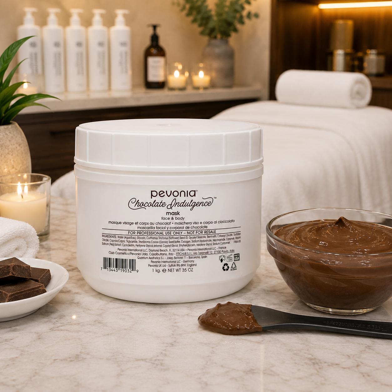 Pevonia Chocolate Indulgence Mask 1kg displayed in a luxury spa treatment room for professional face and body wrap treatments.