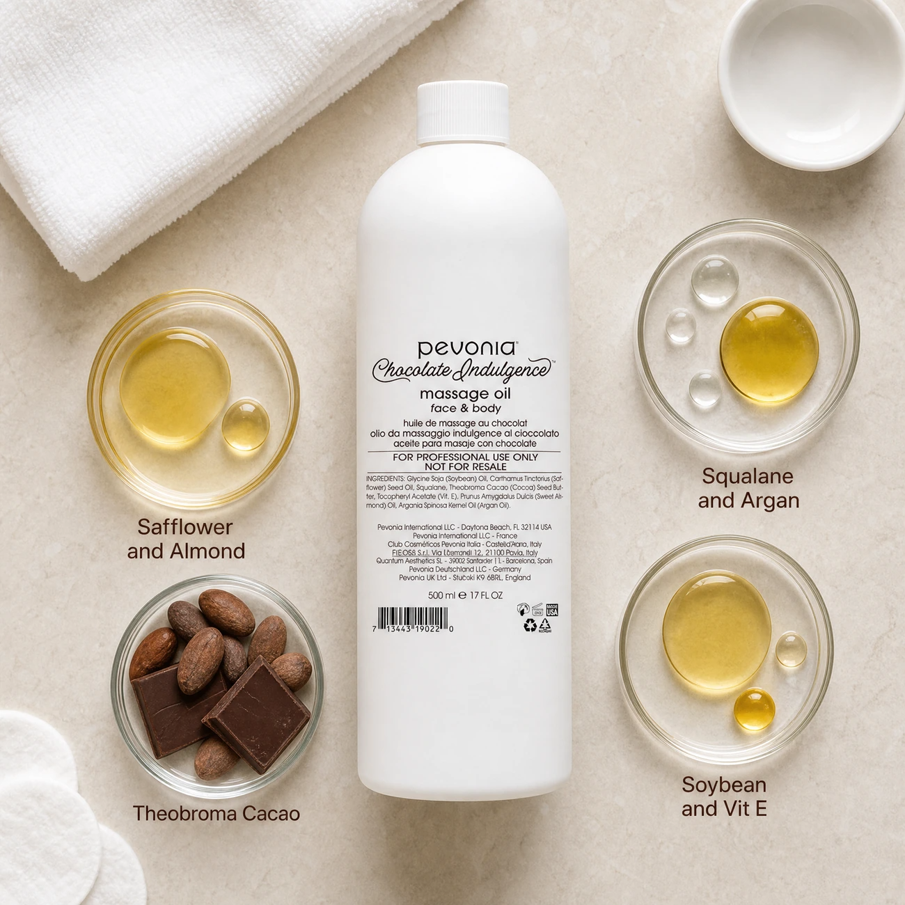 Pevonia Chocolate Indulgence Massage Oil Face & Body 500ml ingredients flatlay with theobroma cacao, squalane and argan oil, safflower and almond oils, and soybean oil in clean glass petri dishes for professional B2B education.