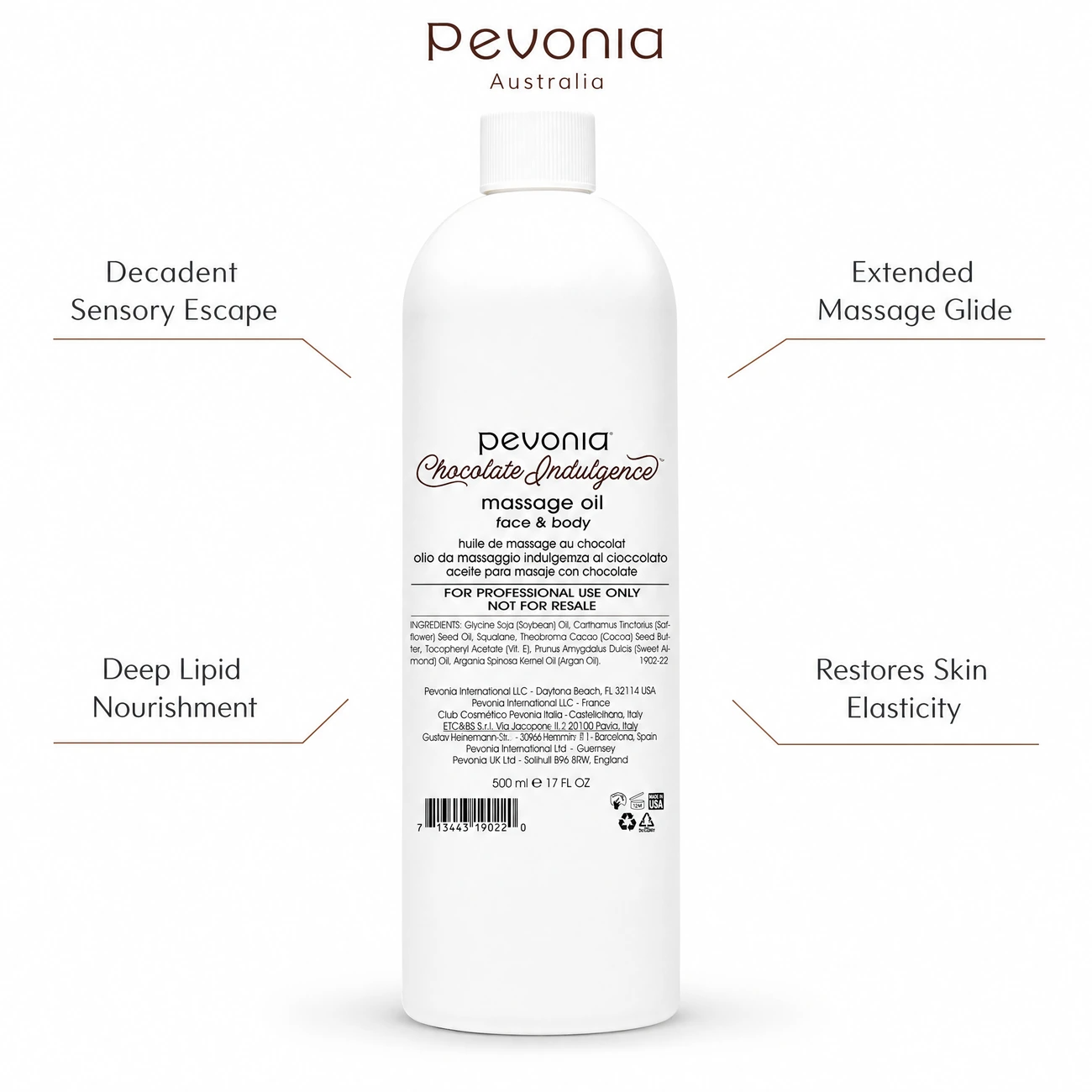 Pevonia Chocolate Indulgence Massage Oil Face & Body 500ml benefit callout image highlighting chocolate aromatherapy, extended massage glide, deep lipid nourishment, and skin elasticity.