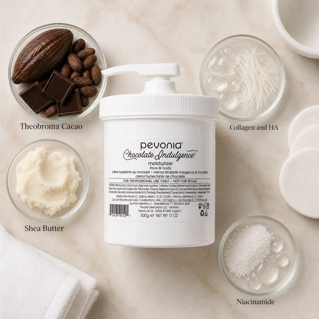 Pevonia Chocolate Indulgence Moisturizer Face & Body 500g ingredients flatlay with theobroma cacao, collagen and hyaluronic acid, shea butter, and niacinamide in clean glass petri dishes for professional B2B education.