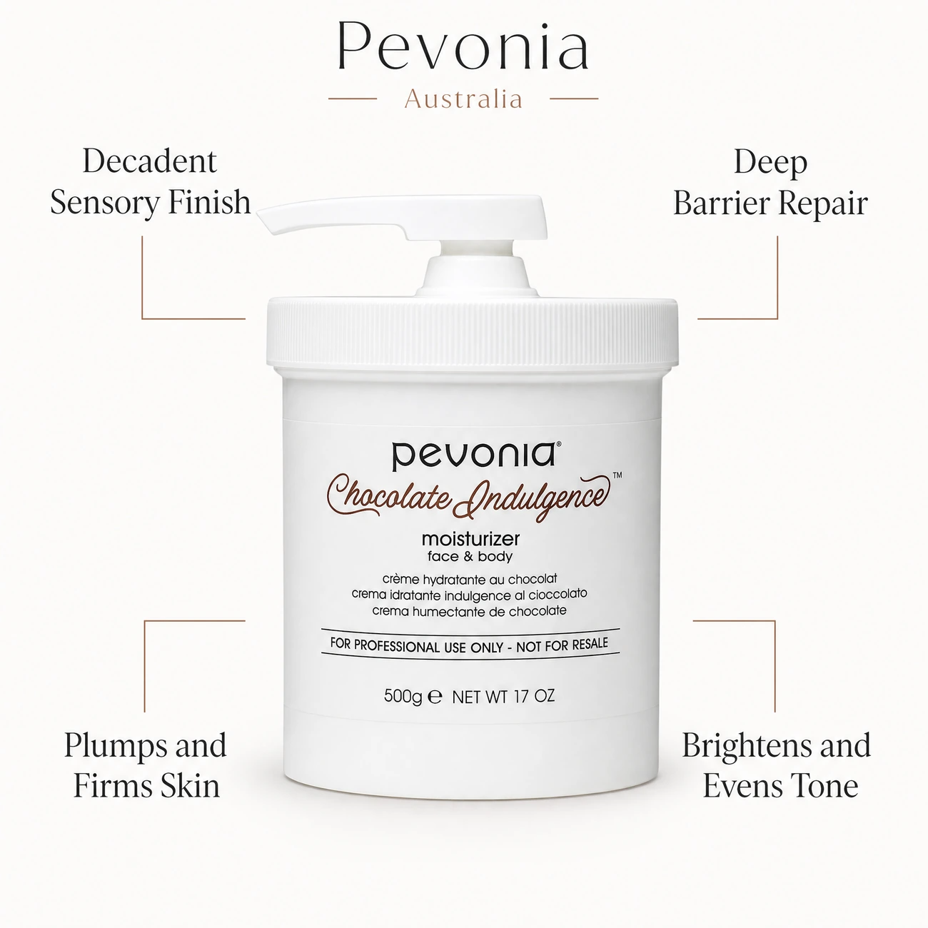 Pevonia Chocolate Indulgence Moisturizer Face & Body 500g benefit callout image highlighting chocolate aromatherapy, skin barrier repair, skin plumping and firming, and tone brightening.