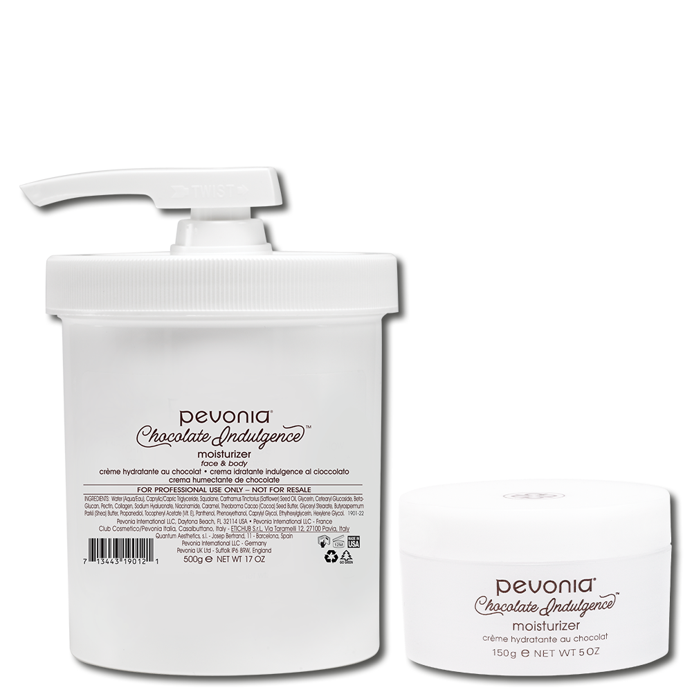 Pevonia Chocolate Indulgence Moisturizer retail and professional variant image for deep hydration, helping nourish, plump and rejuvenate dry, dull or mature skin from face to body.