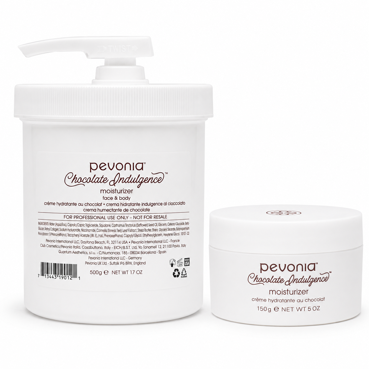 Pevonia Chocolate Indulgence Moisturizer retail and professional variant image for deep hydration, helping nourish, plump and rejuvenate dry, dull or mature skin from face to body.