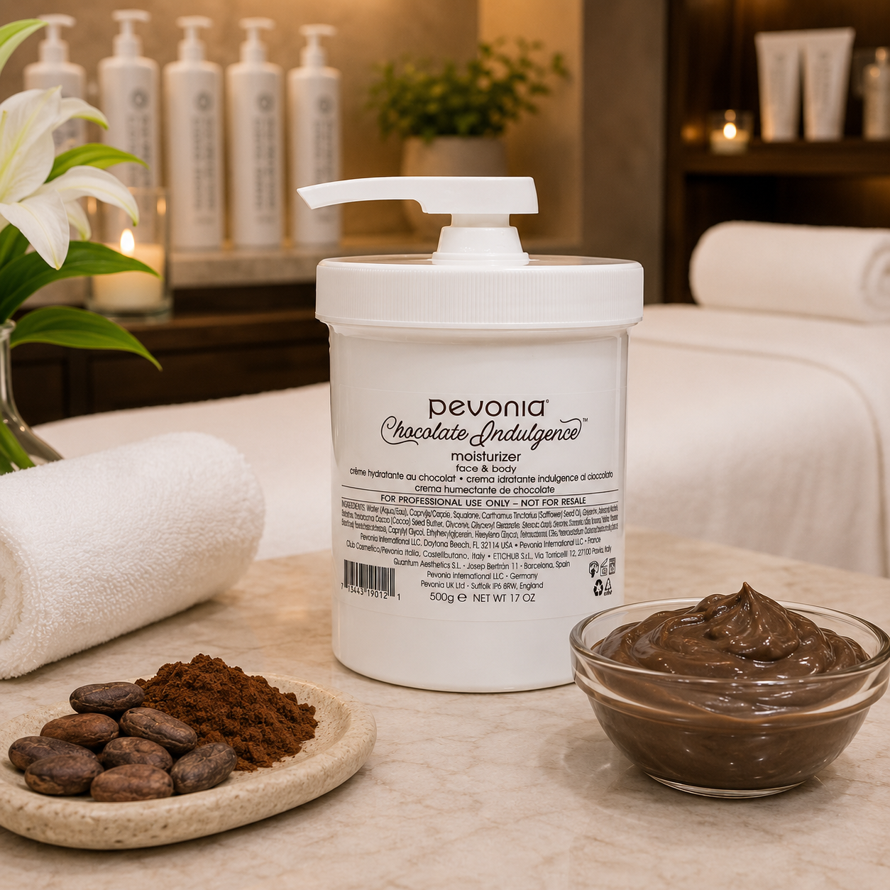 Pevonia Chocolate Indulgence Moisturizer 500g displayed in a luxury spa treatment room with chocolate texture for professional face and body treatments.