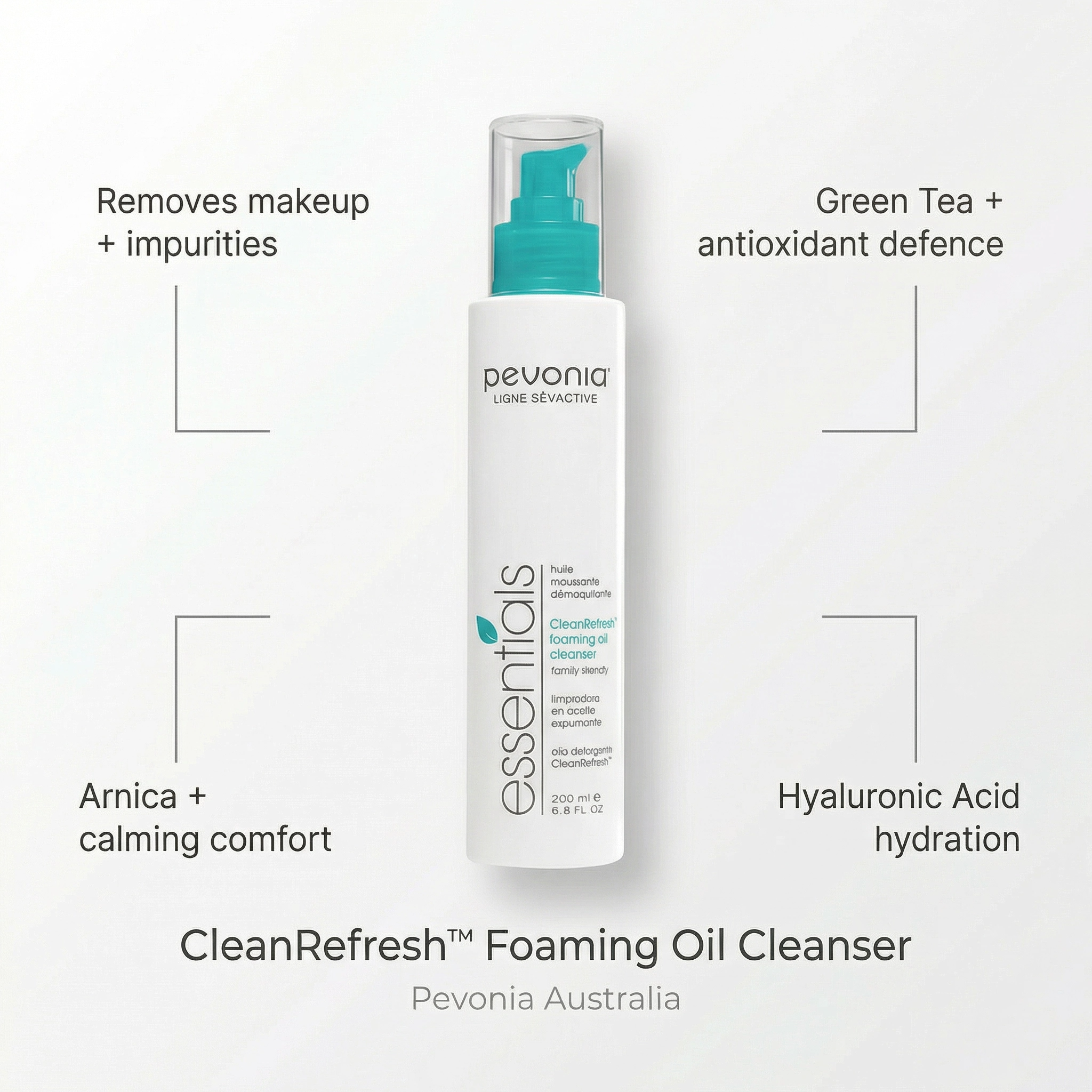 Pevonia CleanRefresh Foaming Oil 200ml Cleanser bottle with text highlighting features on a white background
