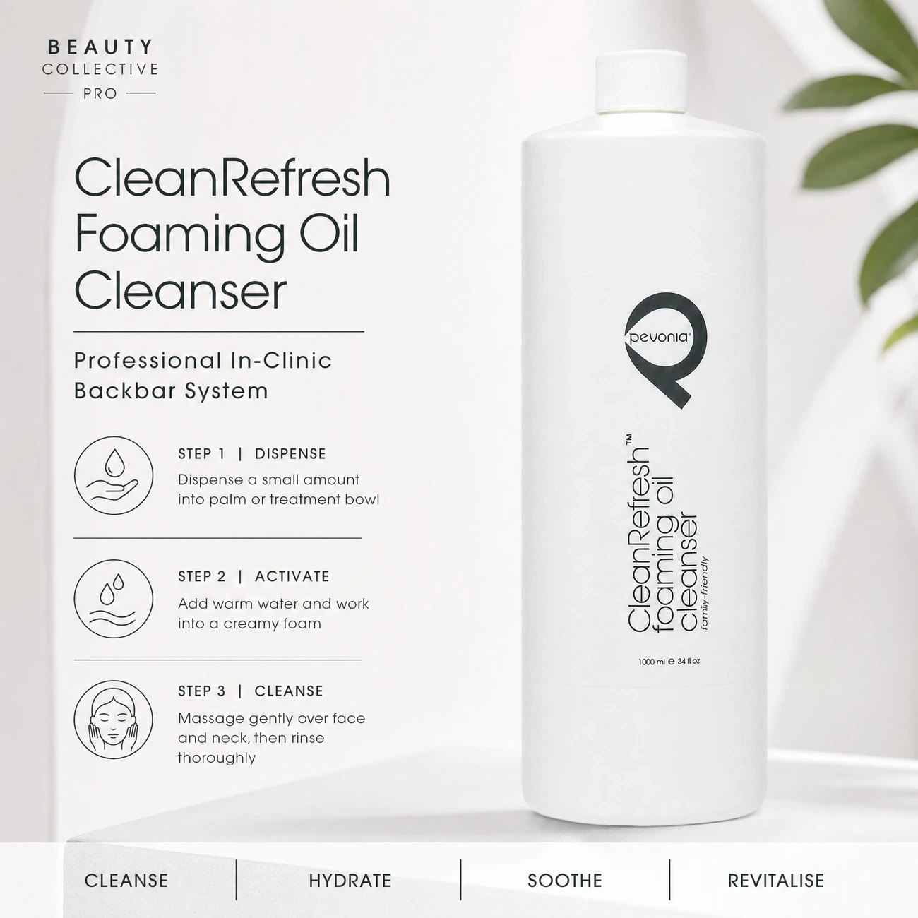 Pevonia CleanRefresh Foaming Oil Cleanser clinic-use education image detailing the professional 1000ml in-clinic backbar use and 200ml retail homecare continuation system.