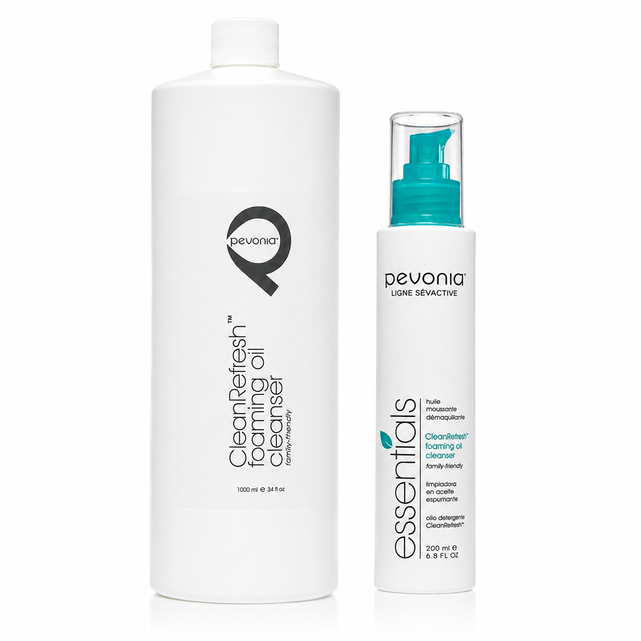 Pevonia CleanRefresh Foaming Oil Cleanser duo showing the 1000ml professional bottle alongside the 200ml retail pump bottle on a clean white background.