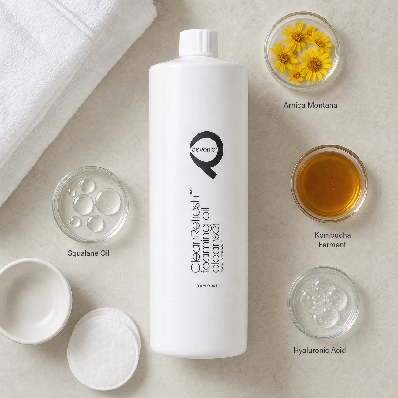 Pevonia CleanRefresh Foaming Oil Cleanser ingredients flatlay with arnica flowers, kombucha black tea ferment, squalane oil, and hyaluronic acid in clean glass petri dishes for professional B2B education.