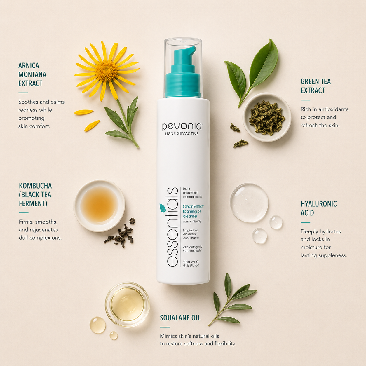 Minimal Pevonia CleanRefresh Foaming Oil Cleanser 200ml,  ingredient flatlay featuring arnica montana extract, green tea extract, kombucha black tea ferment, hyaluronic acid and squalane oil arranged with clean spacing around the cleanser bottle on a soft neutral background