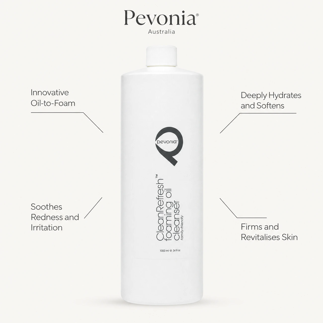 Pevonia CleanRefresh Foaming Oil Cleanser 1000ml benefit callout image highlighting oil-to-foam technology, deep hydration, skin soothing, and kombucha firming.