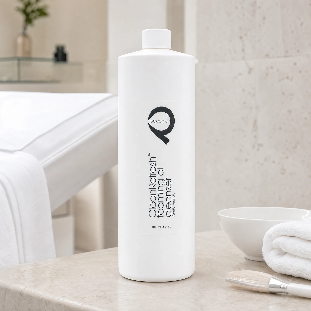 Pevonia CleanRefresh Foaming Oil Cleanser 1000ml professional bottle and 200ml retail bottle styled in a serene clinical spa treatment room for Beauty Collective Pro.