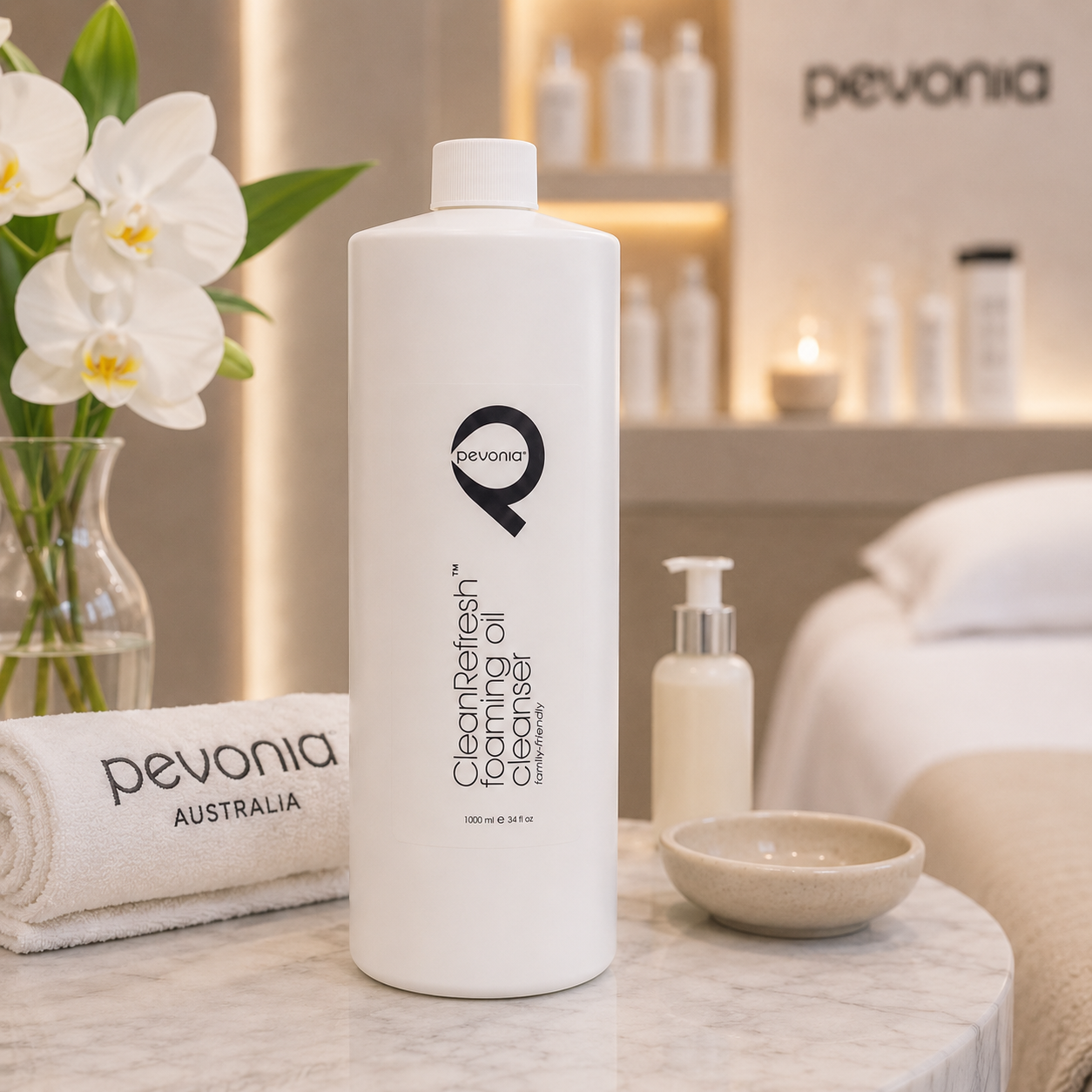 Pevonia CleanRefresh Foaming Oil Cleanser professional 1000ml on a table in a day spa