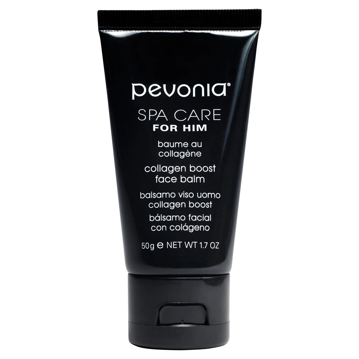 Pevonia Spa Care For Him Collagen Boost Face Balm 50 g, black tube with flip-top cap, front of pack
