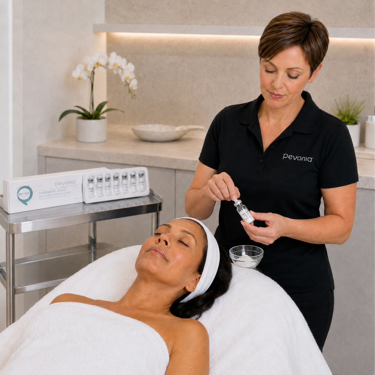 Therapist preparing a Pevonia Collagen Cryo ampoule for a professional eye treatment upgrade.