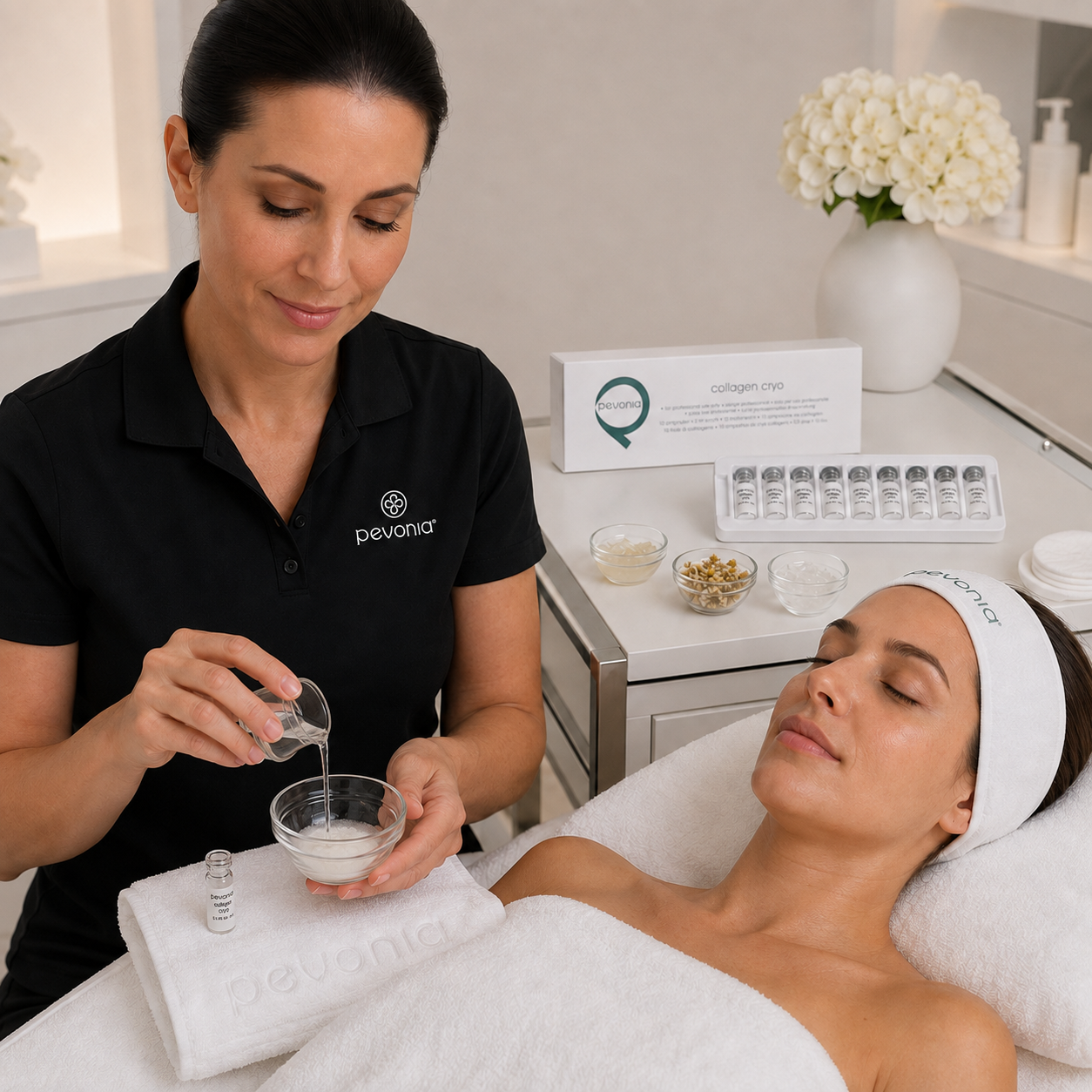 Therapist activating Pevonia Collagen Cryo powder with cool water to prepare the eye treatment gel.