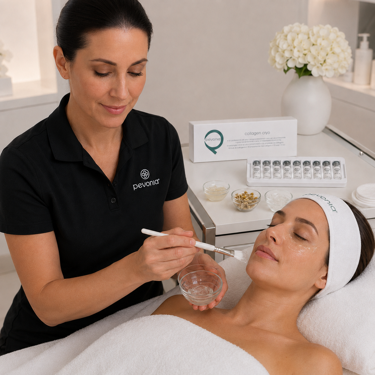Therapist applying Pevonia Collagen Cryo gel around the eye contour during a professional treatment.