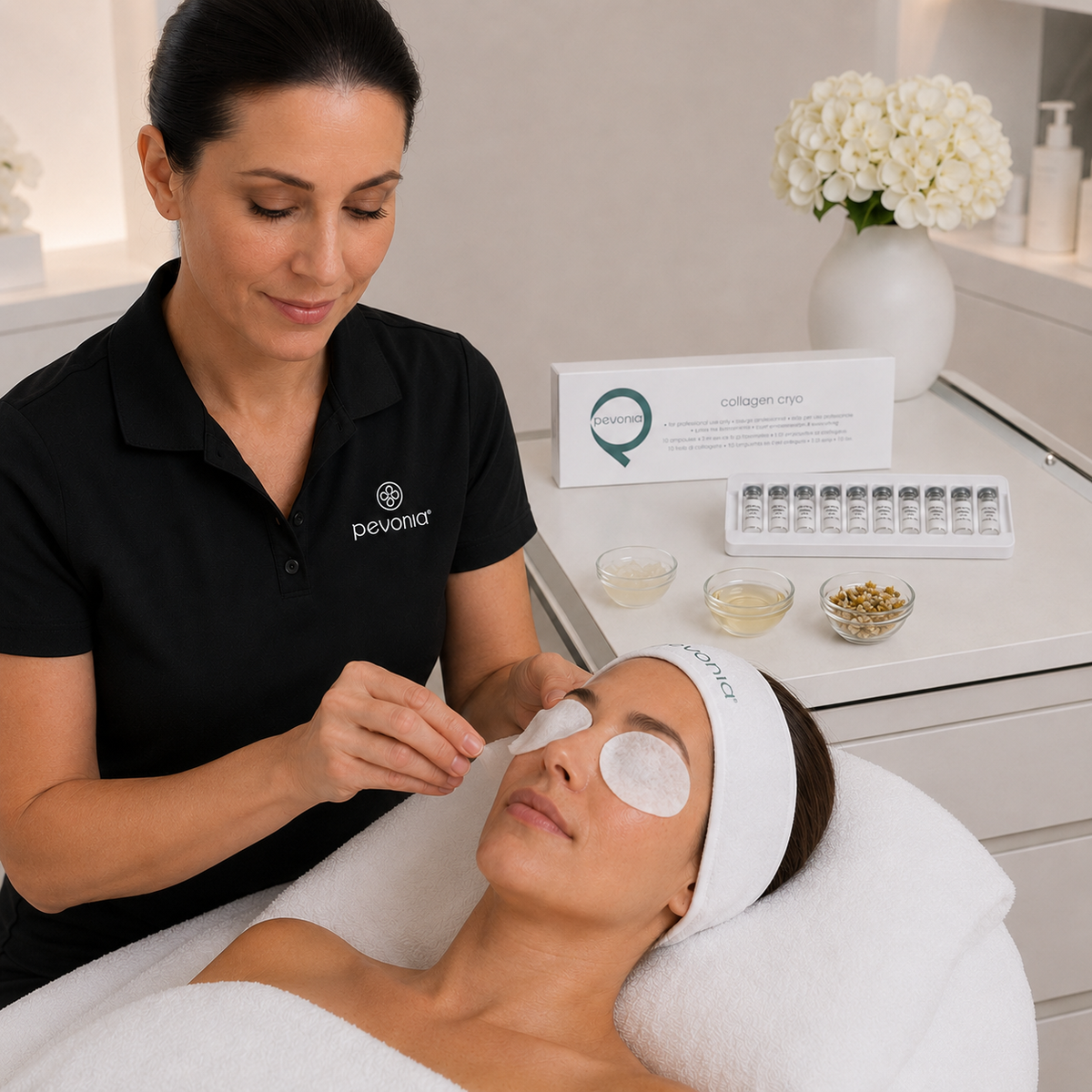 Therapist placing damp eye pads over Pevonia Collagen Cryo gel for the 10-minute processing stage.