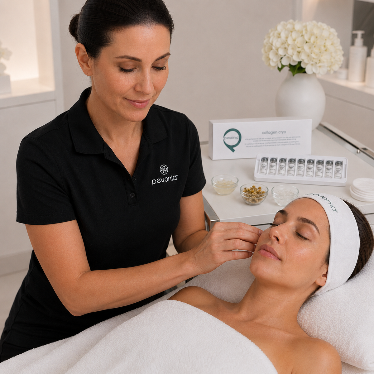 Therapist completing the Pevonia Collagen Cryo eye treatment after removal of the processing pads.