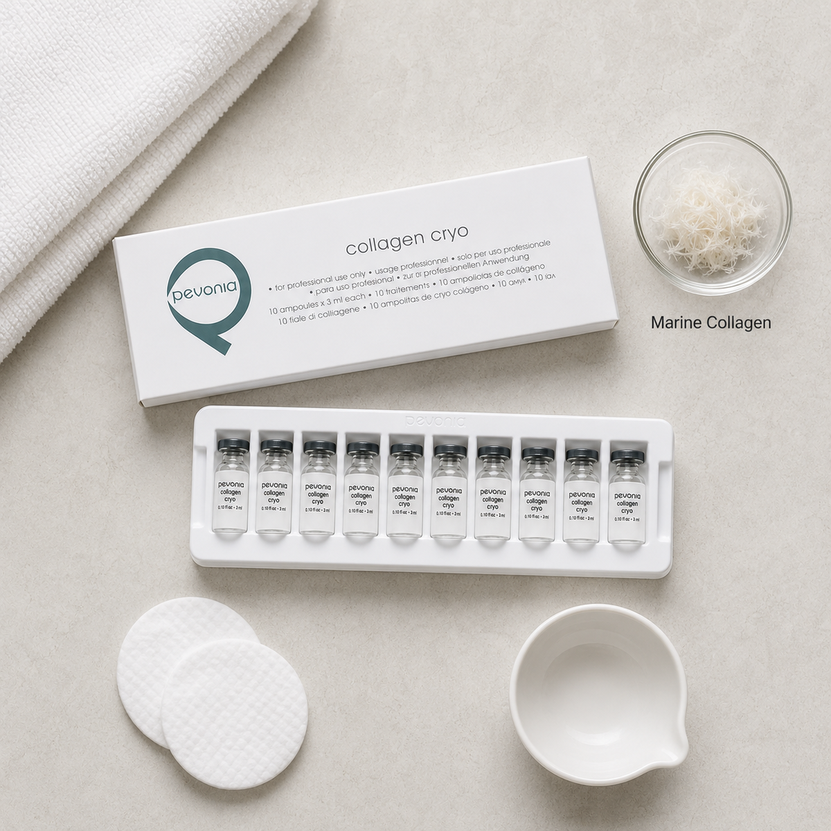 Pevonia Collagen Cryo ingredients flatlay with pure marine collagen in clean glass petri dish for professional B2B use 