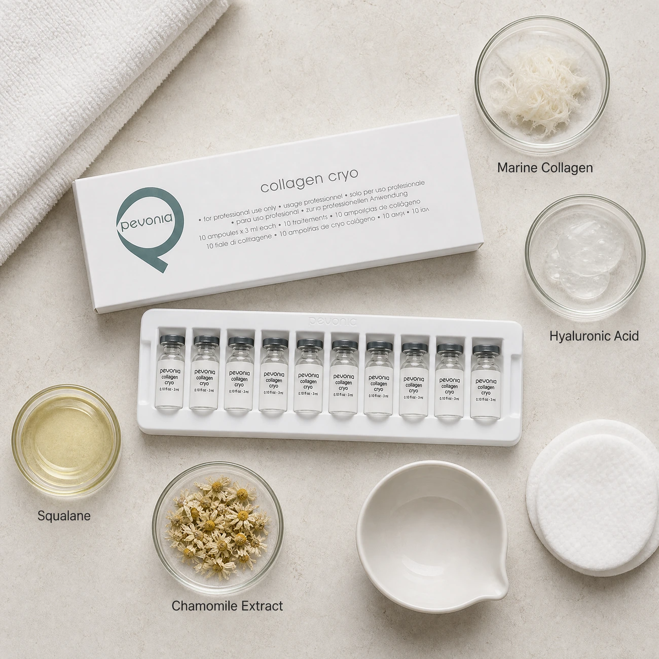 Pevonia Collagen Cryo ingredients flatlay with pure marine collagen, hyaluronic acid, squalane, and chamomile extract in clean glass petri dishes for professional B2B education.