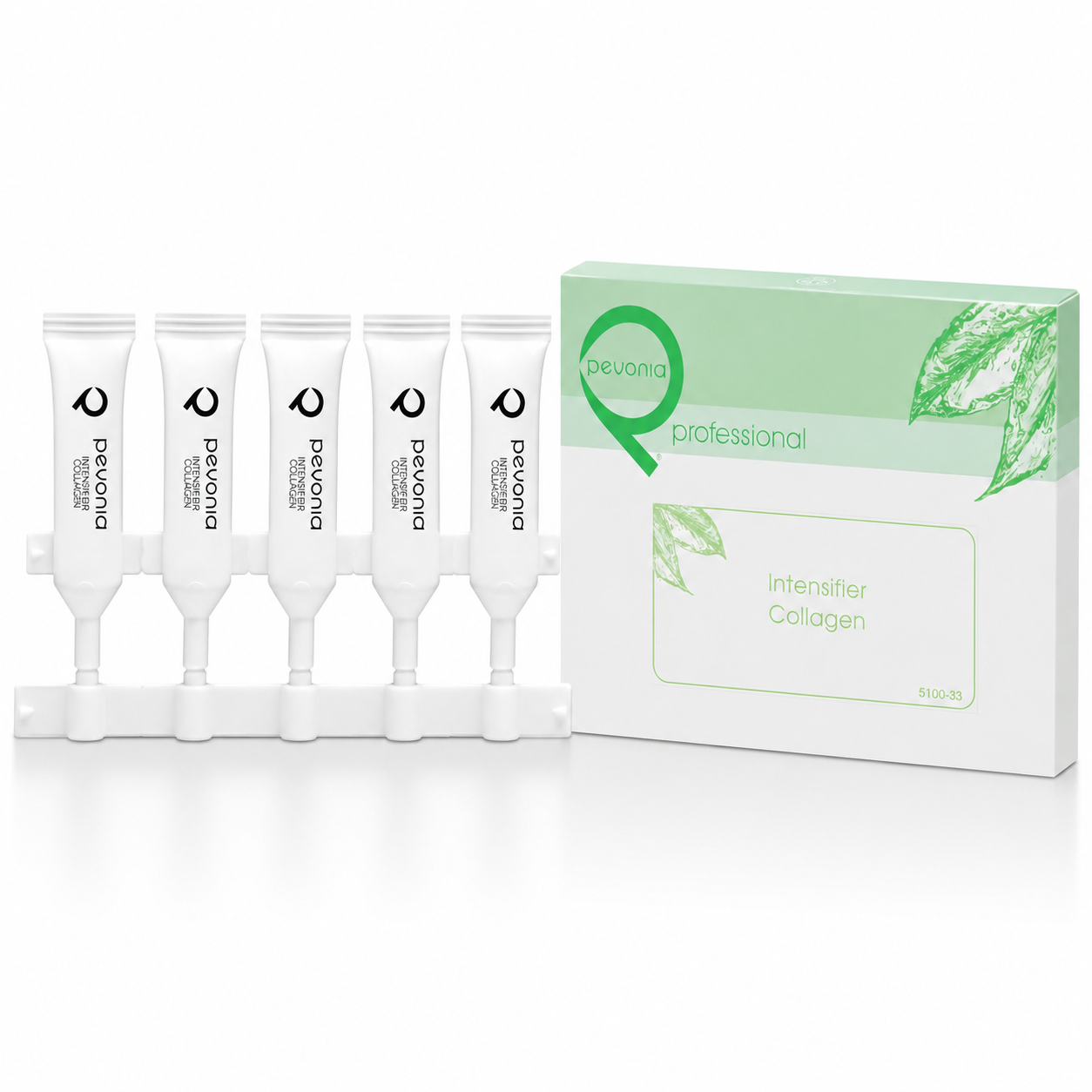 Pevonia Collagen Intensifier 5 x 5ml professional ampoules with presentation box on a clean white studio background.