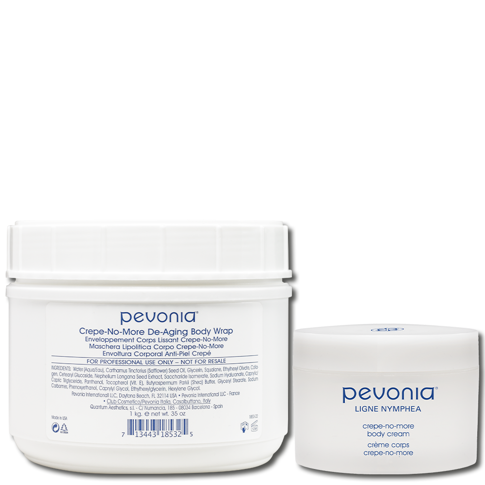 Pevonia Crepe-No-More Body Cream retail and professional variant image for mature, dry and crepey skin, helping firm, smooth and deeply nourish for a more youthful appearance.
