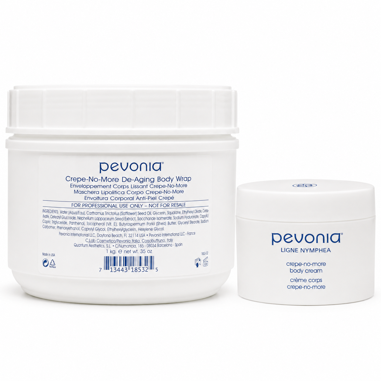 Pevonia Crepe-No-More Body Cream retail and professional variant image for mature, dry and crepey skin, helping firm, smooth and deeply nourish for a more youthful appearance.