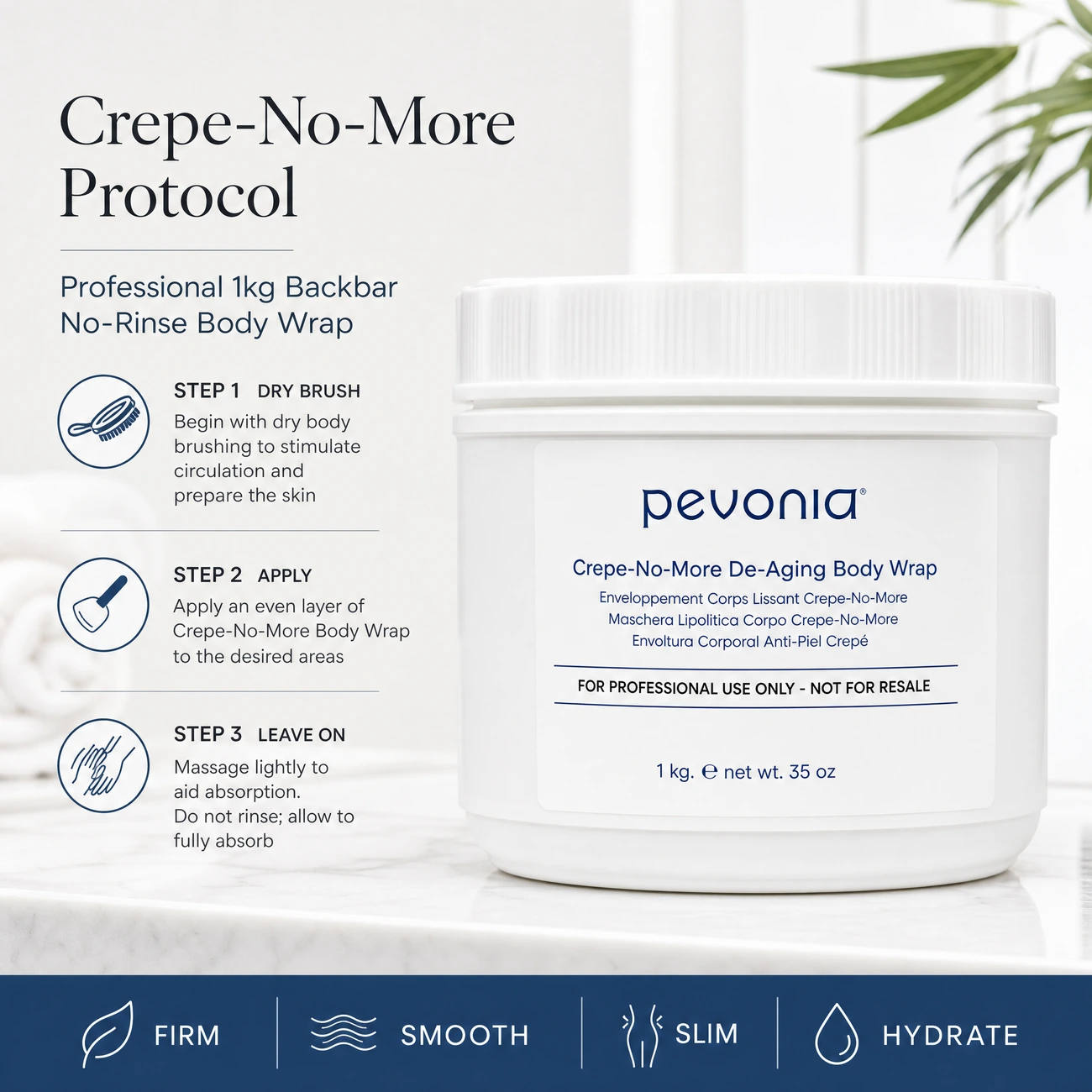Pevonia Crepe-No-More De-Aging No Rinse Body Wrap 1kg clinic-use education image detailing the professional 3-step Dry Brush, Apply, and Leave On no-rinse body protocol.