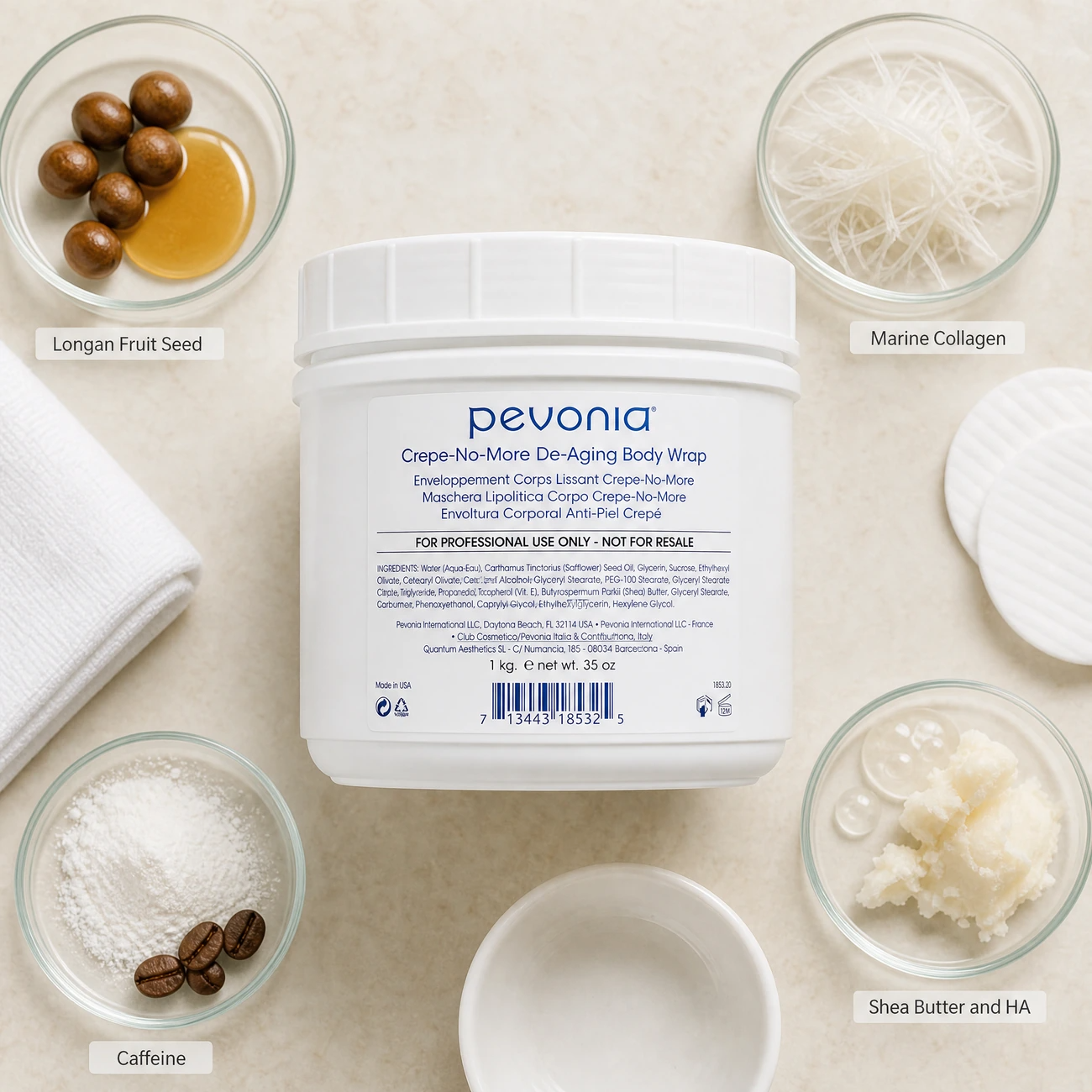 Pevonia Crepe-No-More De-Aging No Rinse Body Wrap 1kg ingredients flatlay with longan fruit seed extract, marine collagen, caffeine, and shea butter in clean glass petri dishes for professional B2B education.