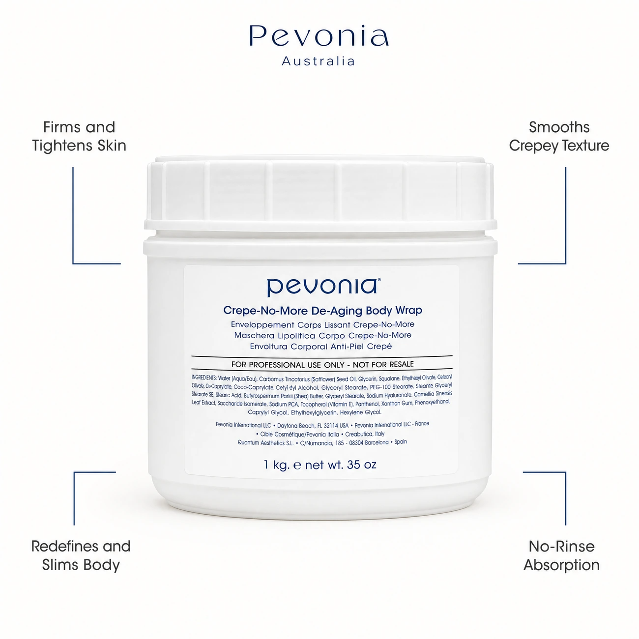 Pevonia Crepe-No-More De-Aging No Rinse Body Wrap 1kg benefit callout image highlighting skin firming, crepey texture smoothing, cellulite reduction, and no-rinse technology.