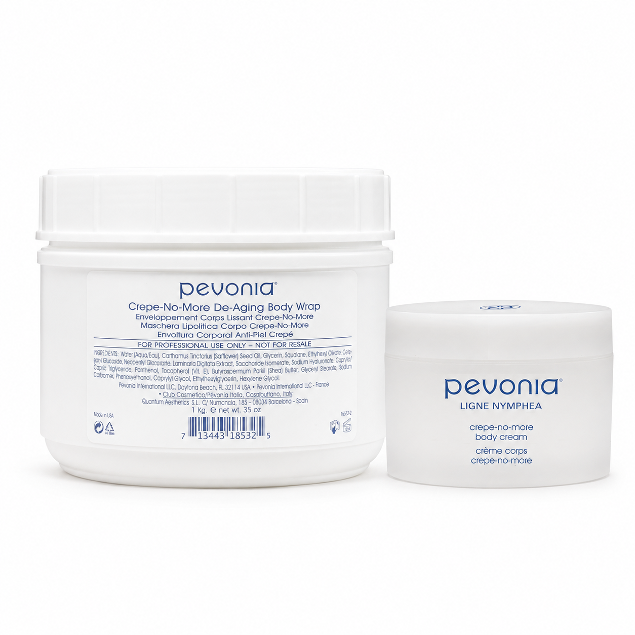 Pevonia Crepe-No-More De-Aging Body Wrap professional size with Crepe-No-More Body Cream retail size duo image for firming, smoothing and hydrating crepey or ageing body skin.