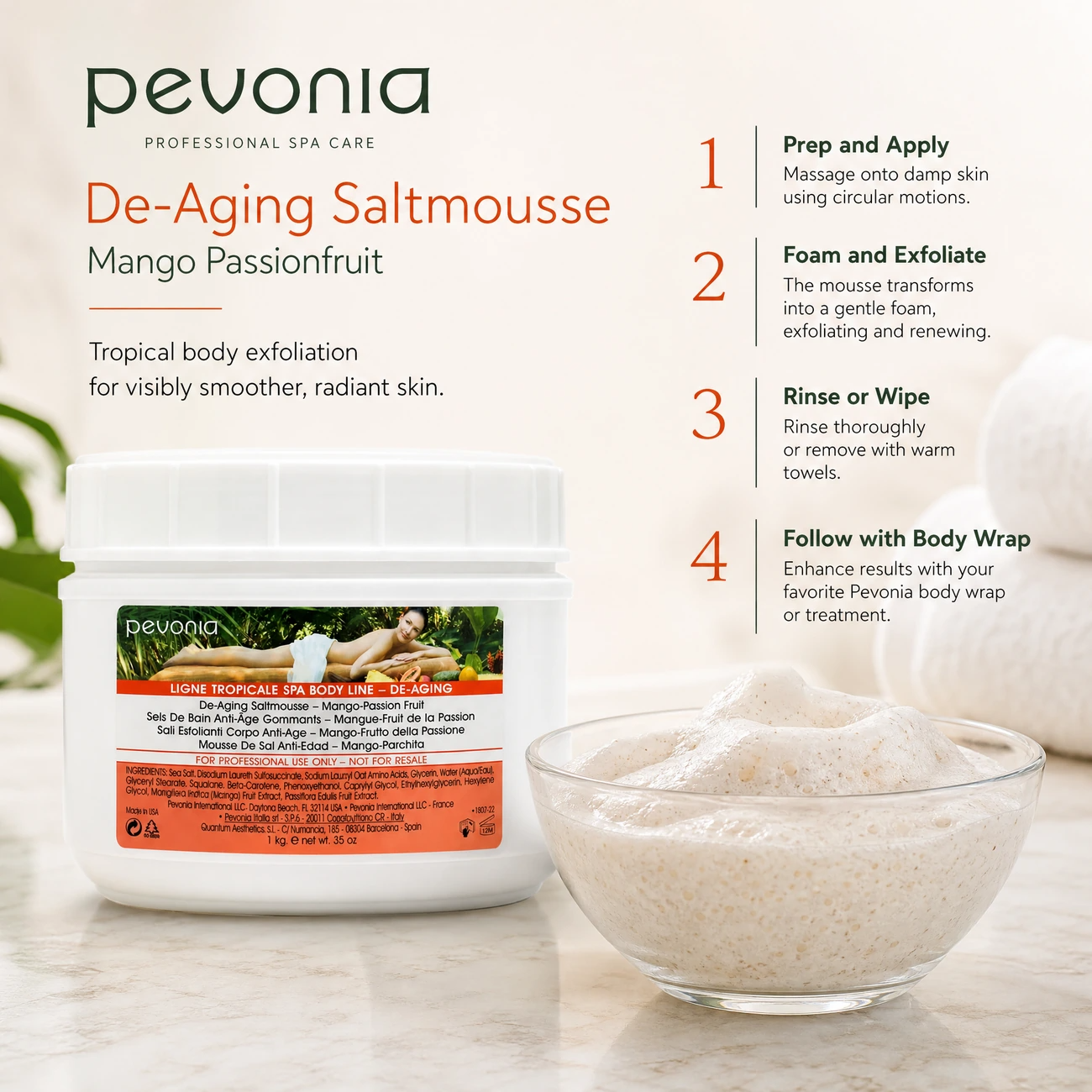 Pevonia De-Ageing Saltmousse Mango Passionfruit 1kg clinic-use education image for professional body exfoliation and pre-wrap protocol support.