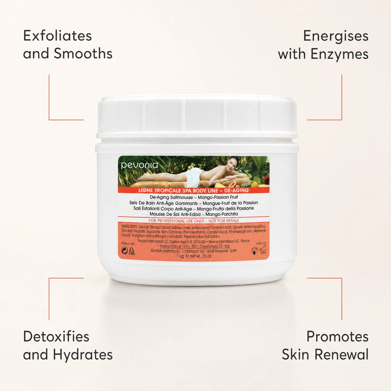 Pevonia De-Ageing Saltmousse Mango Passionfruit 1kg professional benefit callout image for exfoliation, enzyme energising, detoxification and skin renewal in salons, spas and clinics.