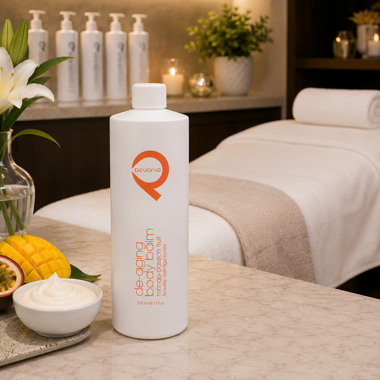 Pevonia De-Aging Body Balm Mango-Passionfruit 500ml displayed in a luxury spa body treatment room for professional body care.