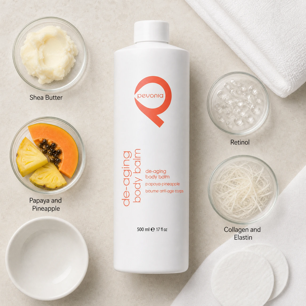 Pevonia De-Aging Body Balm Papaya-Pineapple 500ml ingredients flatlay with shea butter, retinol tegospheres, fresh papaya and pineapple, and marine collagen in clean glass petri dishes for professional B2B education.