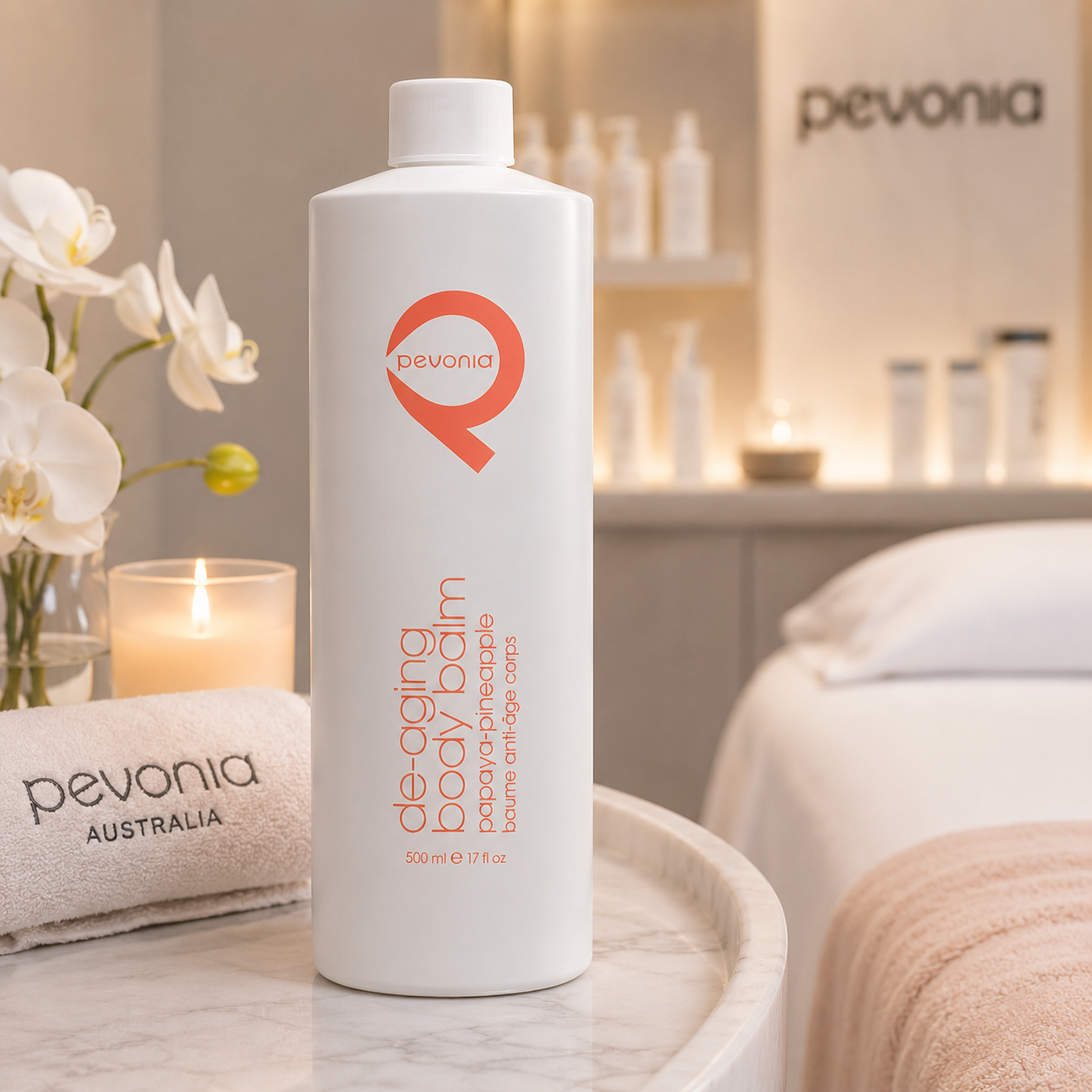 Pevonia De-Aging Body Balm Papaya-Pineapple 500ml displayed in a luxury spa treatment room for smoothing professional body care.