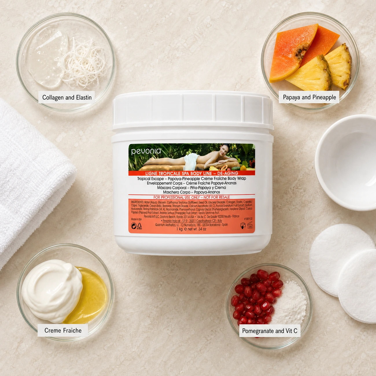 Pevonia De-Aging Papaya-Pineapple Crème Fraîche Body Wrap 1kg ingredients flatlay with collagen and elastin, fresh papaya and pineapple, crème fraîche with safflower oil, and pomegranate seeds in clean glass petri dishes for professional B2B education.