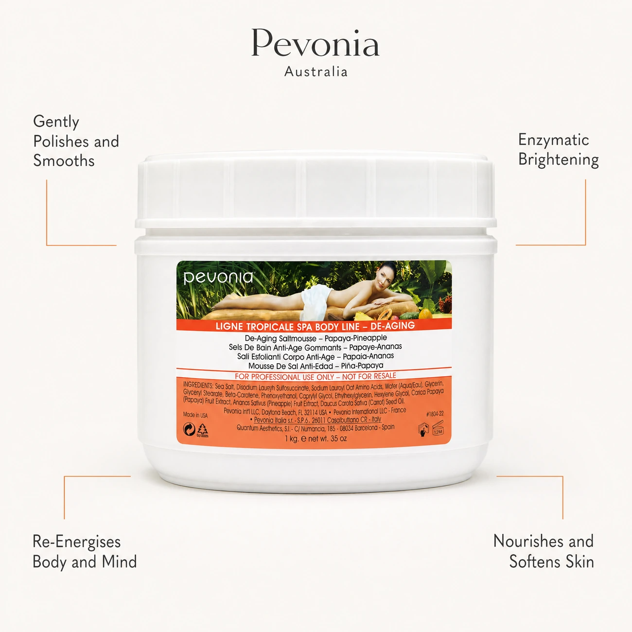 Pevonia De-Aging Saltmousse Papaya-Pineapple 1kg benefit callout image highlighting sea salt exfoliation, enzymatic brightening, negative ion energisation, and squalane nourishment.
