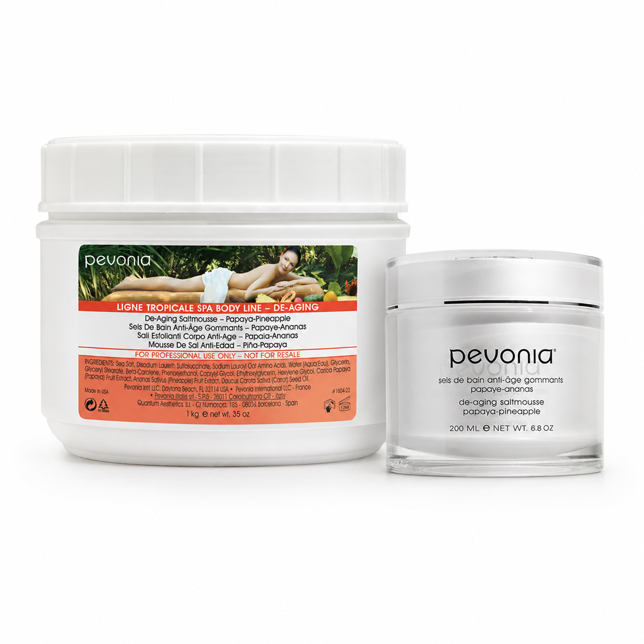 Pevonia De-Aging Saltmousse Papaya-Pineapple retail and professional variant image for body exfoliation, helping smooth, polish and renew skin for a softer, brighter appearance.