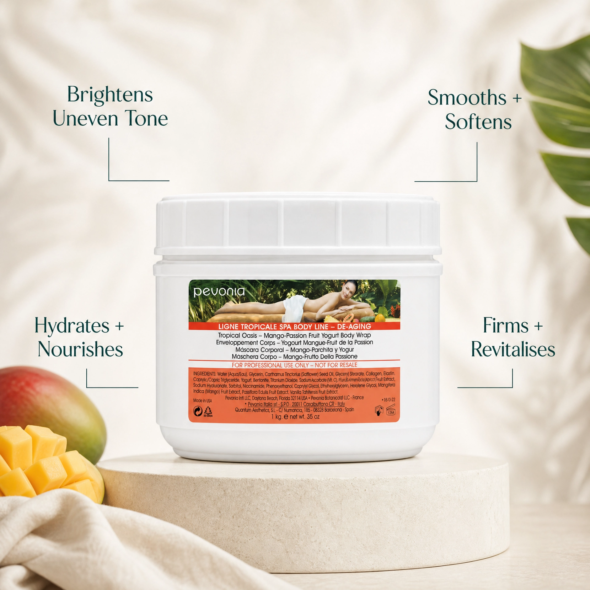 Pevonia De-Aging Yogurt Body Wrap Treatment with Mango 1kg professional body wrap benefit callout image for smoothing, brightening, hydrating and nourishing body treatments.