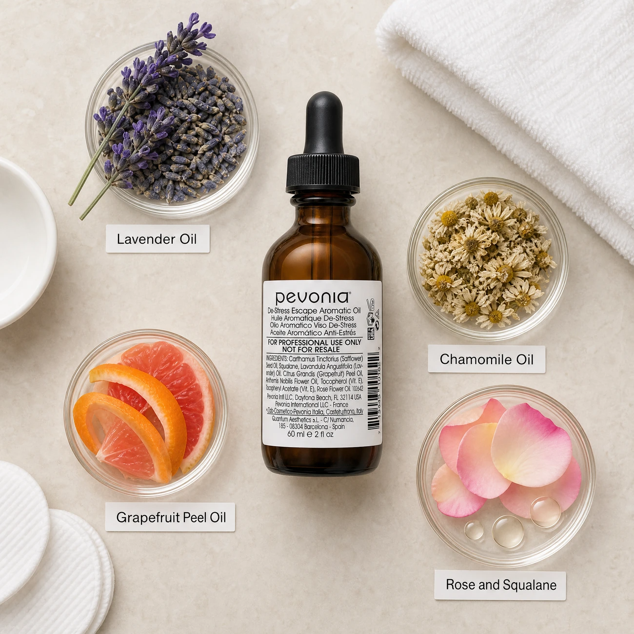 Pevonia De-Stress Escape Aromatic Oil 60ml ingredients flatlay with lavender blossoms, chamomile, grapefruit peel, and rose petals in clean glass petri dishes for professional B2B education.