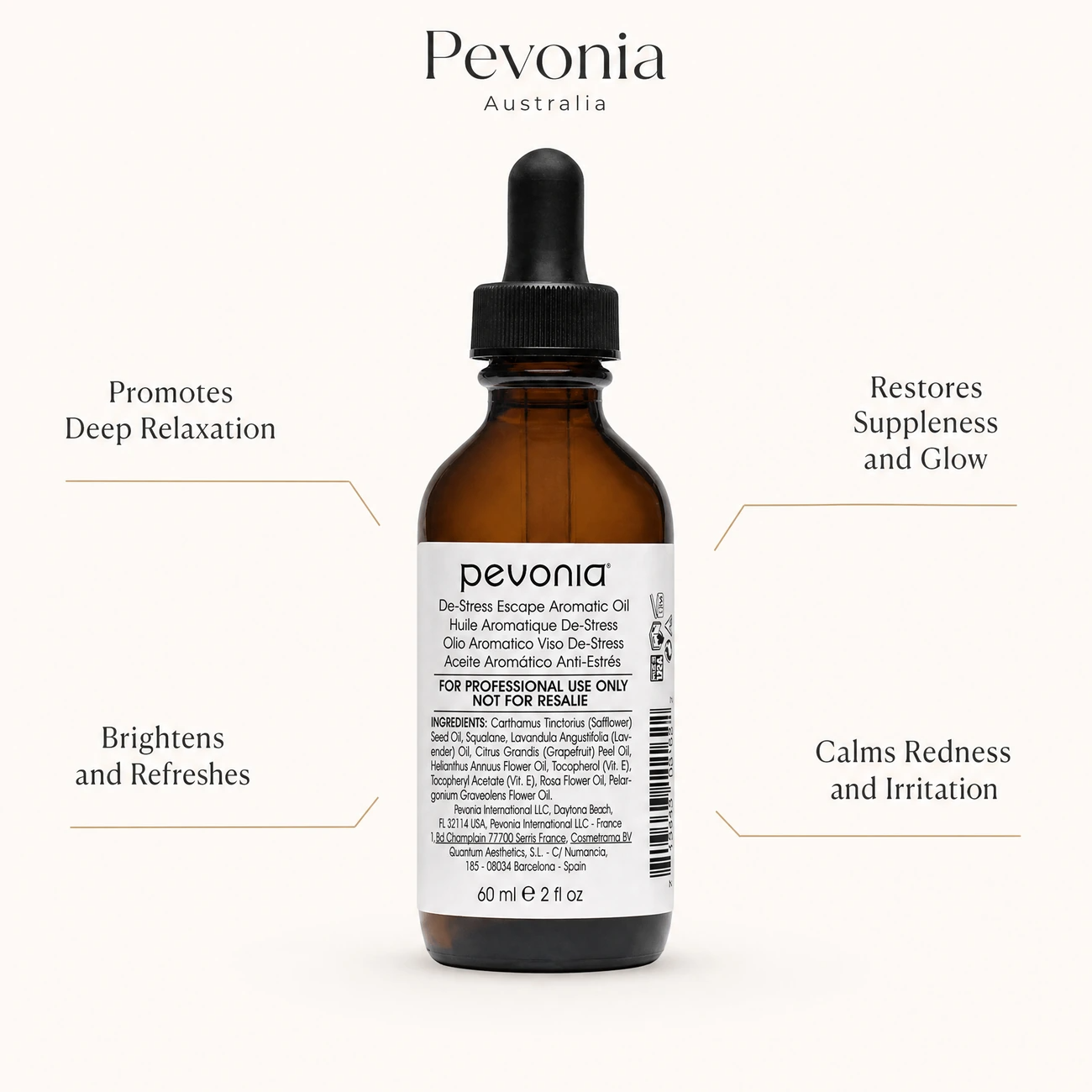 Pevonia De-Stress Escape Aromatic Oil 60ml professional dropper bottle benefit callout image highlighting deep relaxation, suppleness restoration, skin brightening, and redness calming.
