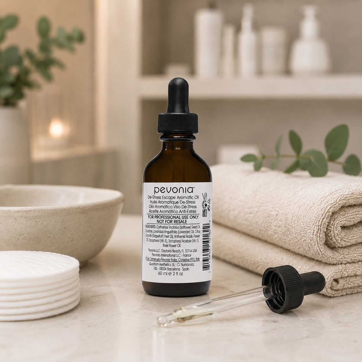 Pevonia De-Stress Escape Aromatic Oil 60ml displayed in a day spa treatment room with unbranded facial treatment accessories.