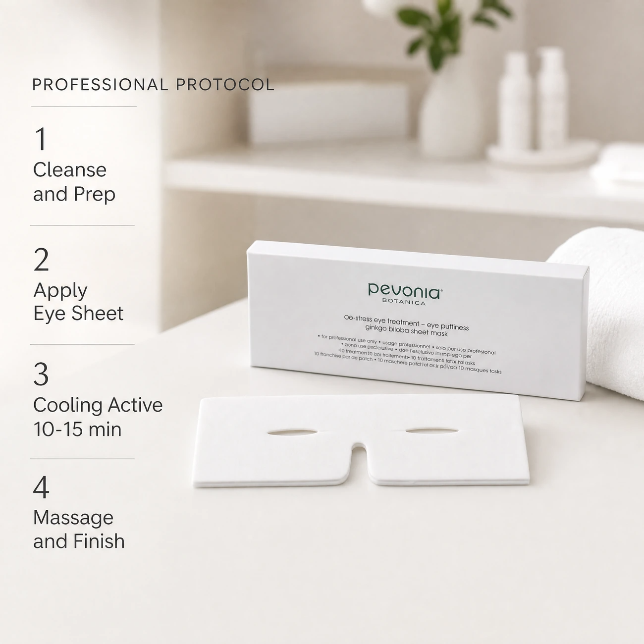 Pevonia De-Stress Eye Puffiness Ginkgo 10pk clinic-use education image detailing professional eye contour treatment protocol steps for salon, spa and clinic use.