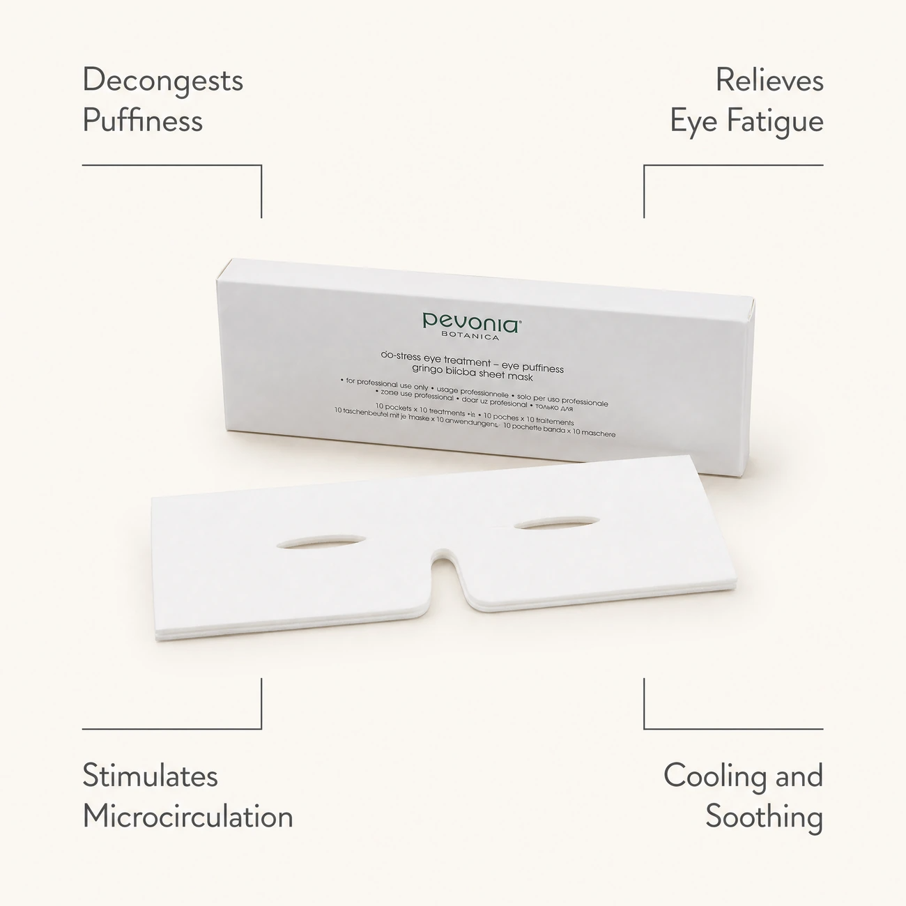 Pevonia De-Stress Eye Puffiness Ginkgo 10pk professional benefit callout image for decongesting puffiness, relieving eye fatigue, stimulating microcirculation and cooling soothing support.
