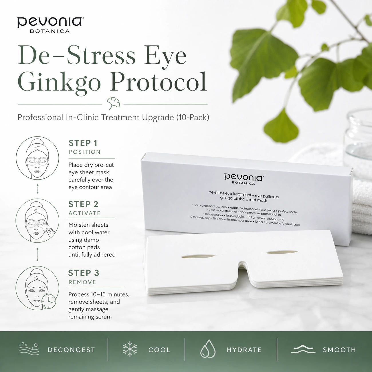 Pevonia Botanica De-Stress Eye Puffiness Ginkgo clinic-use education image detailing the professional 3-step Position, Activate, and Remove eye-contour upgrade protocol for salons, spas, and clinics.
