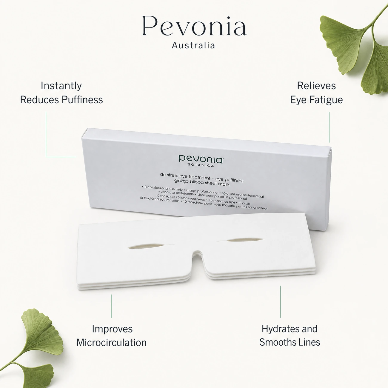 Pevonia Botanica De-Stress Eye Puffiness Ginkgo treatment benefit callout image highlighting puffiness reduction, eye fatigue relief, microcirculation support, and line smoothing.
