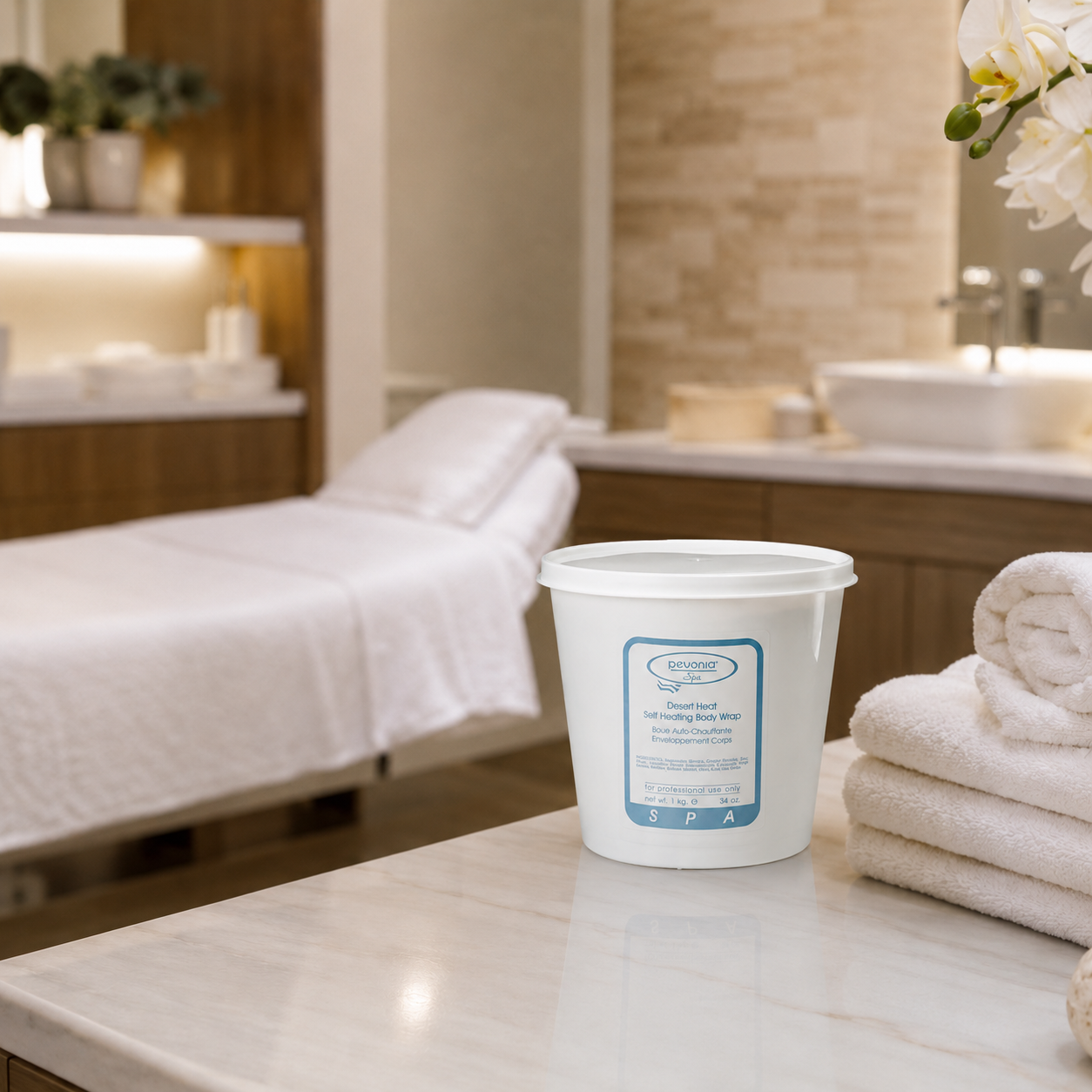 Pevonia Desert Heat Self-Heating Body Wrap 1kg professional tub displayed in an upmarket spa treatment room environment.