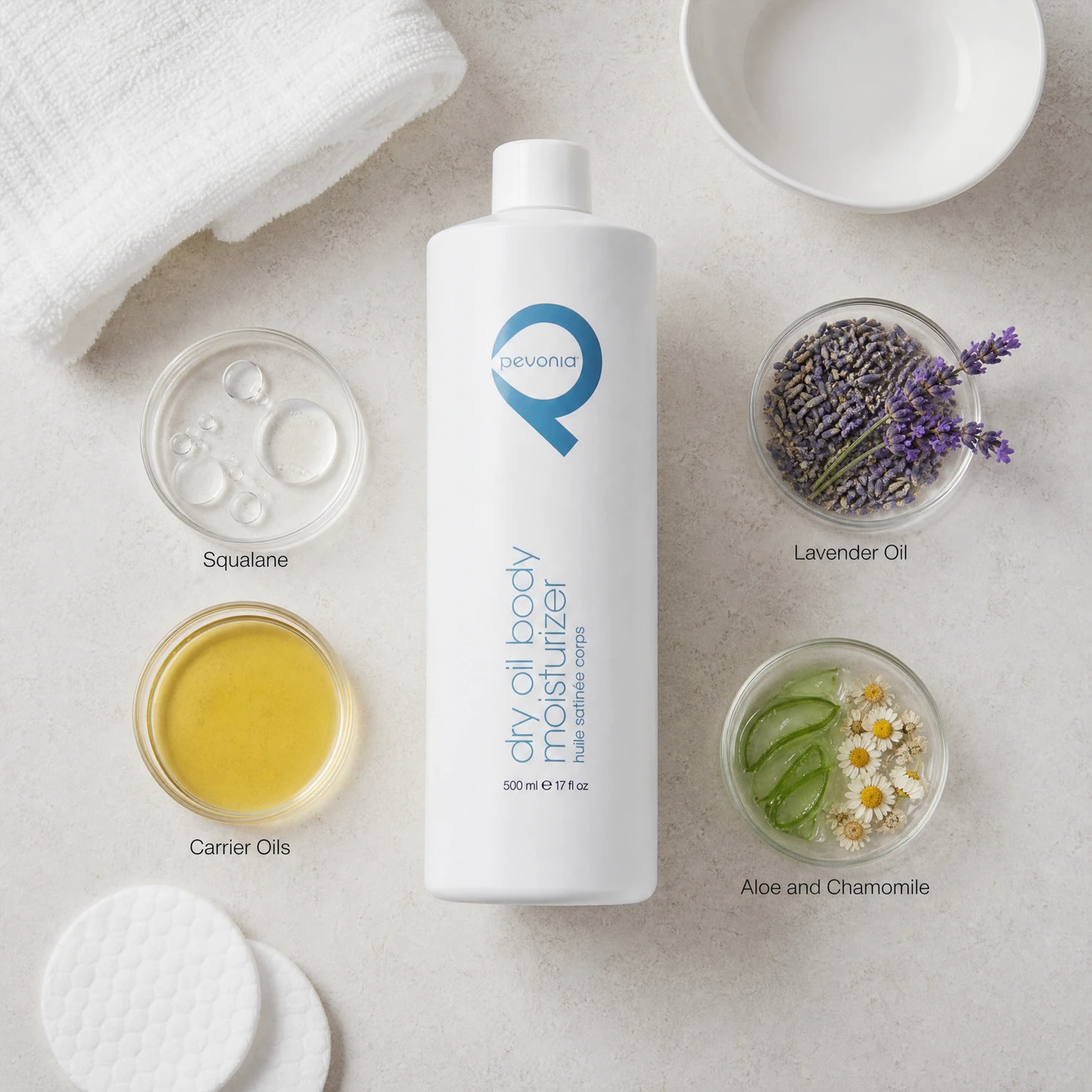 Pevonia Dry Oil Body Moisturiser 500ml ingredients flatlay with squalane, carrier oils, lavender blossoms, and aloe vera with chamomile in clean glass petri dishes for professional B2B education.